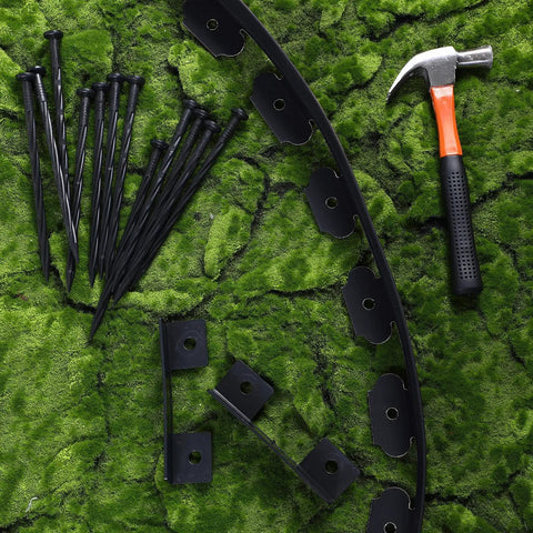 262 Ft 2 Inch Tall Landscape Edging Border Kit With 140 Spikes And 40 Connectors For Lawn And Garden Durable Plastic Edging To Create Clean Polished Edges For Flower Beds And Spring Landscaping Easy Install, kit components on grass