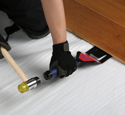 Flat Knee Pads For All Kneeling Jobs, Heavy Duty Knee Cushions in use during flooring work, showcasing anti-skid grip and adjustable clips.