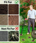 Power Through Planting With This Heavy Duty Garden Auger Drill Bit Three Inch Diameter By Thirty Two Inch Length Double Blade Tungsten Steel For Fast Hole Digging Post Holes Bulbs Fences And Umbrella Holes Fits Three Eighths Inch Hex Drive Drills used by man in garden; soil compatibility shown