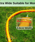 Yellow garden hose on grass with close-up of 3.8cm width labeled 'Extra Wide Suitable for More'