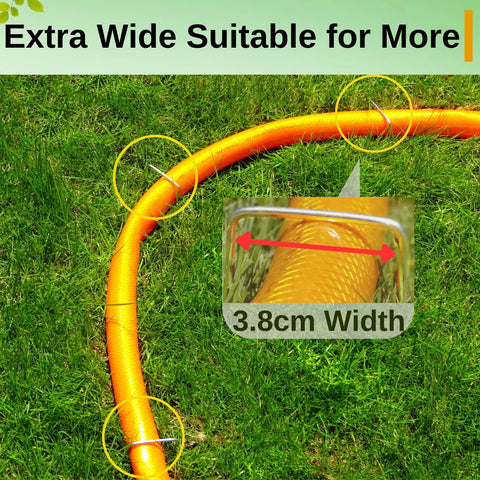 Yellow garden hose on grass with close-up of 3.8cm width labeled 'Extra Wide Suitable for More'
