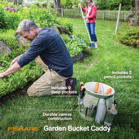 5 Gal Garden Tool Bucket Caddy With Nine Deep Pockets And Pencil Slots Durable Canvas Organizer in garden setting
