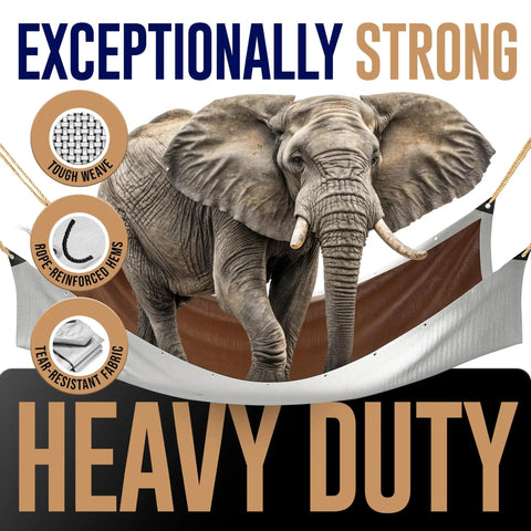 Heavy Duty 12x20 Tarp With 10 Mil Thickness, Waterproof And Tear Resistant, showcasing strength with elephant illustration.