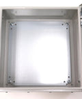 Open view of Fully Enclosed IP66 Steel Electrical Enclosure, NEMA 4 Rated, UL Listed, showcasing 2mm galvanized backplate.