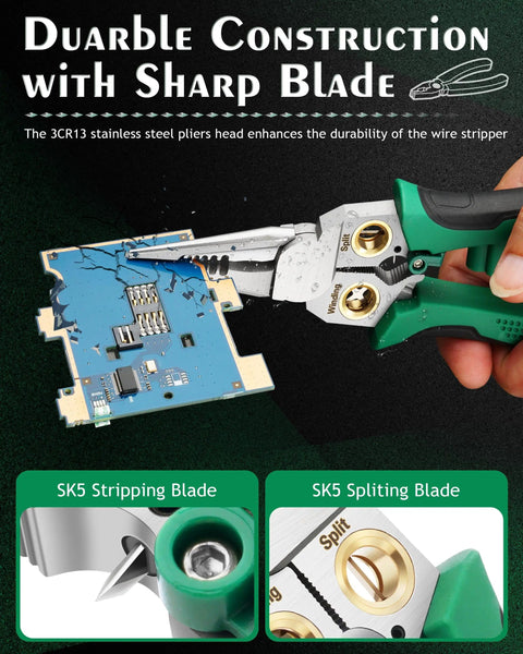 8 In 1 Wire Strippers With Voltage Tester and Cable Cutter Pliers cutting a circuit board