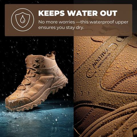 Men's Waterproof Steel Toe Work Boots With Slip Resistant Outsole For Industrial Jobs Paladin Steel Toe Durable Construction Water Resistant Suede Upper ASTM F2413 18 Safety Rating Coyote Color Size 9, shown wet on dark surface and close-up of water droplets on suede upper.