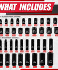 64 Piece 3/8 Inch Socket Set showing shallow and deep metric sockets from 6mm to 24mm, part of heavy duty 6 Point Cr-V steel set