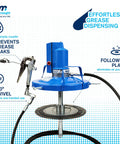 Macnaught P3TR 50:1 air-operated grease pump on blue stand with booster gun and hose, front view