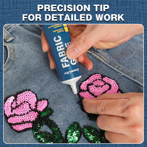 Applying Clear Heavy Duty Fabric Glue for Clothes and Crafts on denim with sequin patches, precision tip shown