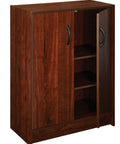 Front view of stackable 2-door organizer in dark cherry finish, 31.5 inch high space saving closet storage unit with adjustable shelves