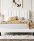 Full Size Velvet Upholstered Bed Frame With Channel Tufted Headboard And Heavy Duty Wooden Slats Platform Bed Base No Box Spring Required Easy Peasy Assembly straight on view with bedding.