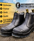 Mens 6 Inch Steel Toe Work Boots With Pull On Safety Leather Chelsea Design Static Dissipative Construction Durable Leather Safety Shoes For Job Sites US 14 Half Size Up Recommended, featuring black leather and COOLMAX lining.