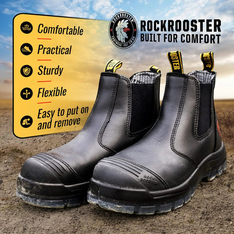 Mens 6 Inch Steel Toe Work Boots With Pull On Safety Leather Chelsea Design Static Dissipative Construction Durable Leather Safety Shoes For Job Sites US 14 Half Size Up Recommended, featuring black leather and COOLMAX lining.