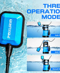 Badass Heavy Duty 1HP Submersible Sump Pump Pulls A Knockout 5300GPH Flow With Plug And Play Automatic Float Switch And 26 Foot Cord in water with operation modes showcased.