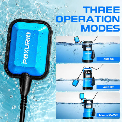 Badass Heavy Duty 1HP Submersible Sump Pump Pulls A Knockout 5300GPH Flow With Plug And Play Automatic Float Switch And 26 Foot Cord in water with operation modes showcased.