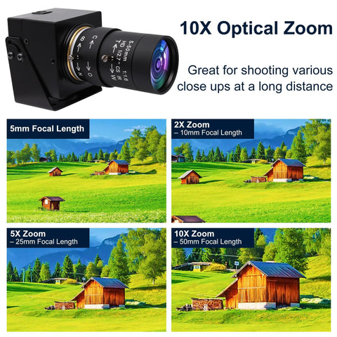 8MP USB Webcam With Manual Focus And Varifocal 5-50mm CS Mount Lens, 10x Zoom shown with different focal lengths