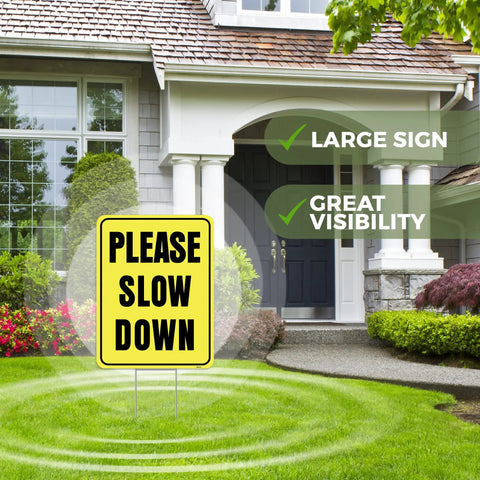 Please Slow Down Yard Sign With Stake 13x17 Inches Double Sided Corrugated Plastic Kids At Play Safety Sign in front yard