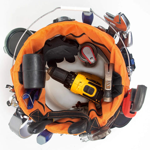 Top view of 64 Pocket Bucket Tool Organizer Caddy for 5 Gallon Buckets with Beefy 600D Canvas Liner Insert filled with tools