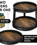 Two Tier Lazy Susan Spice Organizer For Cabinets And Pantries, Ten Inch Diameter Rustic Brown Turntable Rack with Measurements