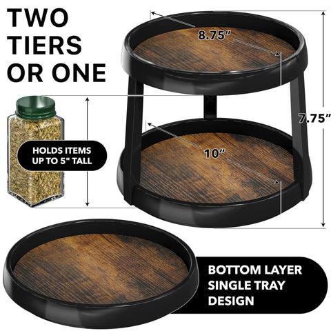 Two Tier Lazy Susan Spice Organizer For Cabinets And Pantries, Ten Inch Diameter Rustic Brown Turntable Rack with Measurements