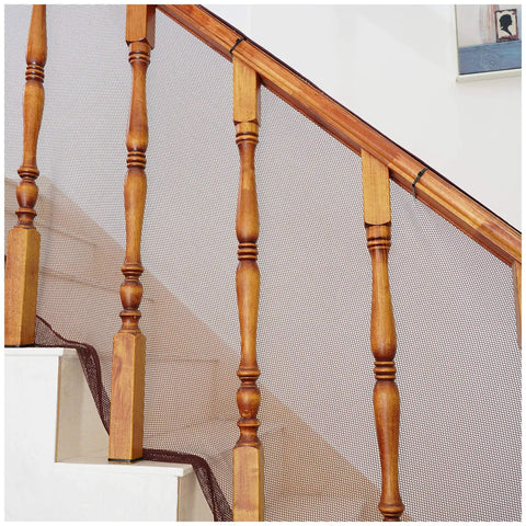 Adjustable Stair Banister Safety Net Gate for Baby Proofing and Pets, dark brown mesh barrier on wooden railing