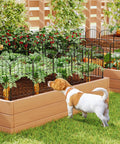 Garden Fence Set No Dig Rustproof Metal Panels, 10 Ft Long By 24 In High Black Fence Barrier surrounding flower beds, dog nearby