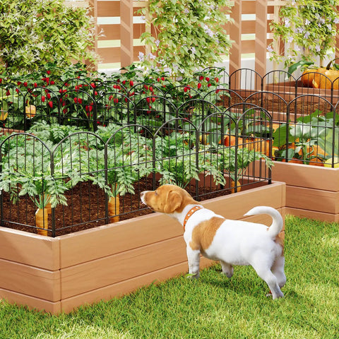 Garden Fence Set No Dig Rustproof Metal Panels, 10 Ft Long By 24 In High Black Fence Barrier surrounding flower beds, dog nearby