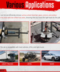 Visual showing various applications of Bearing Puller And Splitter Set 14-Piece Heavy Duty Kit with 5 Ton Capacity for wheel removal