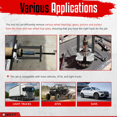 Visual showing various applications of Bearing Puller And Splitter Set 14-Piece Heavy Duty Kit with 5 Ton Capacity for wheel removal