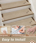 Non Slip Stair Treads For Wooden Steps 28x9 Inches Indoor Carpet Stair Runner Machine Washable Soft Polyester Mats With TPE Backing 15 Pack Beige Kid And Pet Friendly installed on wooden stairs