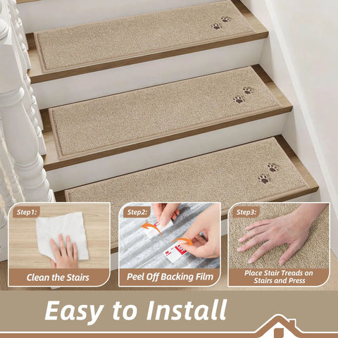 Non Slip Stair Treads For Wooden Steps 28x9 Inches Indoor Carpet Stair Runner Machine Washable Soft Polyester Mats With TPE Backing 15 Pack Beige Kid And Pet Friendly installed on wooden stairs