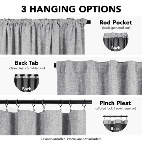 100% Blackout Curtain Panels With TPU Bonded Lining For Hella Dark Rooms, hanging options shown, including rod pocket, back tab, and pinch pleat.