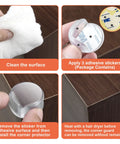 Step-by-step guide for installing Table Corner Guards For Baby Safety, 24 count, showing corner protector on wooden furniture.