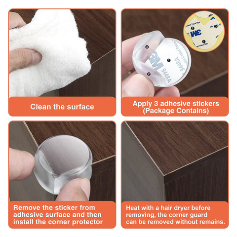 Step-by-step guide for installing Table Corner Guards For Baby Safety, 24 count, showing corner protector on wooden furniture.
