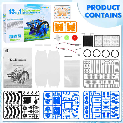 Solar Powered 13 In 1 Robot Kit For Kids 8 Plus Hands On Fun Learn Coding And Build Cool Robots With This Educational DIY Science Toy Set For Boys And Girls Ages 8 And Up, showing kit parts and box