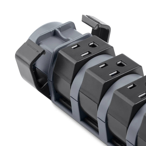 Close-up of Eight Outlet Pivot Plug Power Strip With Six Foot Cord And Phone Line Protection showing pivoting outlets, slim gray design.