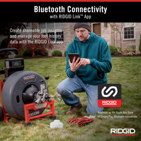 Professional Workhorse 5/8 Inch Brushless Drain Cleaning Drum Machine Auto Feed Cable Counter with RIDGID Link app in use.