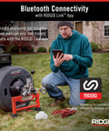 Heavy Hitting 3/4 Inch Cordless Drain Cleaning Drum Machine With Auto Feed And Cable Counter Featuring Blazing Speed Brushless Motor, a user managing tool data via RIDGID Link app.