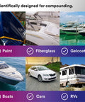 Collage of vehicles and surfaces suitable for Perfect-It Foam Compounding Pad, including boats, cars, RVs, and various materials.