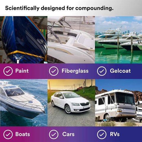 Collage of vehicles and surfaces suitable for Perfect-It Foam Compounding Pad, including boats, cars, RVs, and various materials.