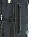 Rockland rolling duffel bag, black, 22-inch; side view with multiple zippered pockets and wheels