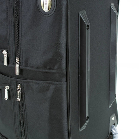 Rockland rolling duffel bag, black, 22-inch; side view with multiple zippered pockets and wheels