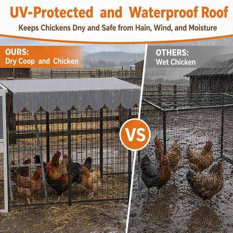 Durable Outdoor Chicken Coop With 90 Inch Run For 6 To 10 Chickens Wooden Nesting Box Waterproof Roof Pull On Tray Ramp And Perch Secure Iron Frame Easy Backyard Setup In Gray shown dry in rain