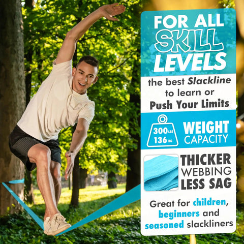 Man balancing on blue 60ft Backyard Slackline Kit With Wide Tree Protectors For Kids And Adults in a forested park.