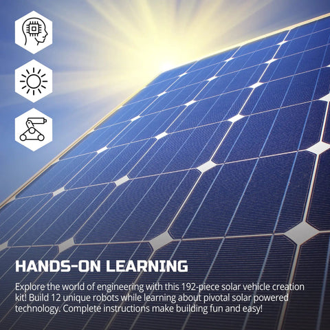 Solar Robot Creation Kit With 197 Pieces And 12 Real Working Robots From One Set, Solar Powered Motorized Engine, Gear System, Tires And Shafts, STEM Construction Playset For Ages 8 And Up. solar panel graphic