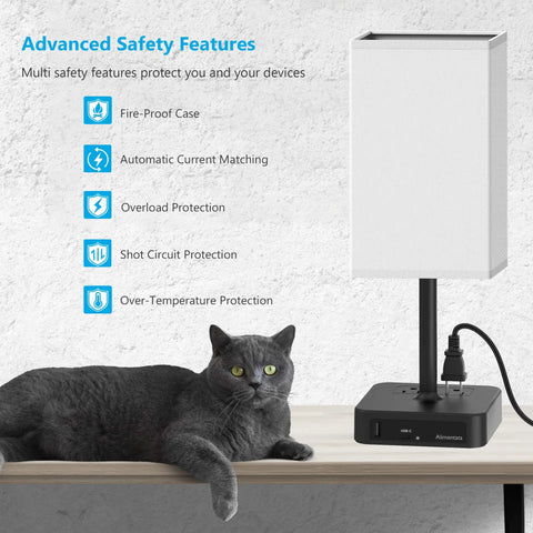 Touch Control Bedside Table Lamp With USB-C USB-A Ports And Two AC Outlets beside a cat and safety features list, white finish