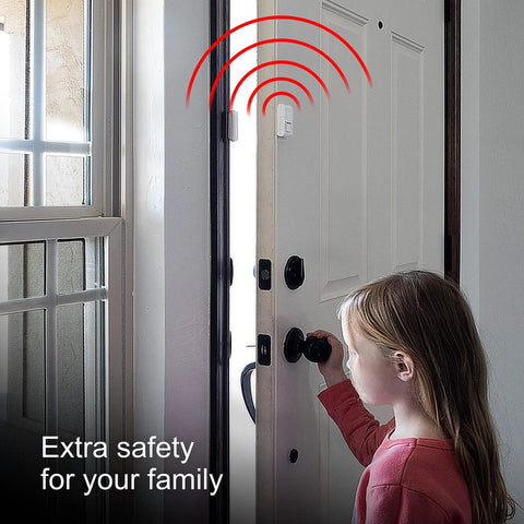 Child opening door with installed Wireless Window And Door Alarm Kit 5 Pack For Home Security With 120 Decibel Alarm And Chime