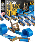 Heavy Duty 2 Inch E Track Straps 20 Foot Long 10 Pack 4400 Pound Break Strength blue polyester tie downs with spring E fittings