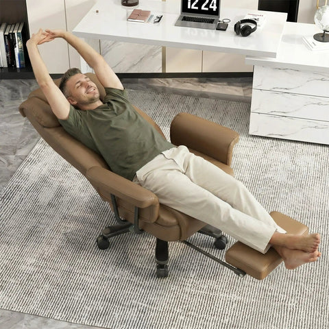Man reclining in a 160 Degree Reclining Office Chair With Footrest For Big And Tall Comfort Leather High Back Computer Desk Chair