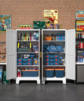 Open White Metal Storage Cabinet 61 Inch Heavy Duty Steel Cabinet With Doors And 3 Adjustable Shelves Built Tough For Home Office Kitchen Pantry Garage And School Four Compartments For Easy No Nonsense Organization filled with tools and containers against brick wall in garage workspace.